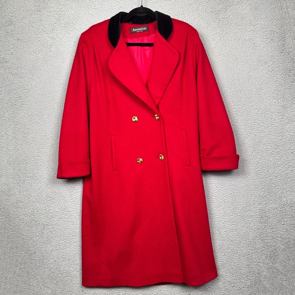VINTAGE Amanda Lee Pea Coat Womens‎ 10 Petite Cherry Red Long Wool Old Money